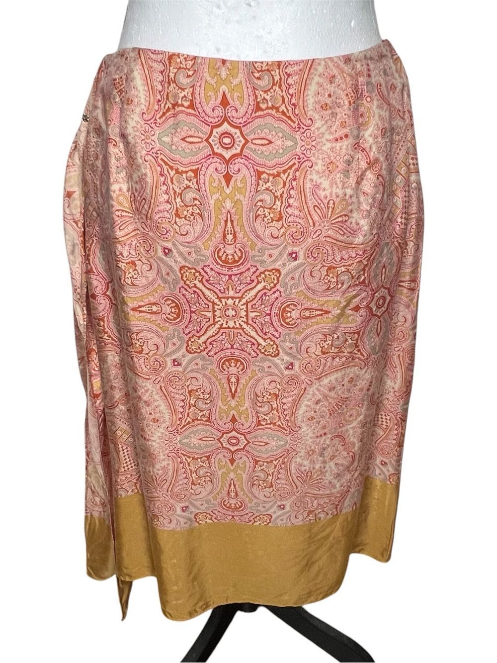 Banana Republic Coral, Yellow Paisley Silk Satin Midi Skirt Sz 4 Boho Vintage